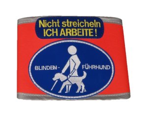 harness recognition cover "Blindenführhund" with addition "Nicht streicheln - Ich arbeite" german: "Blindenführhund" "Nicht streicheln - Ich arbeite"